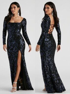 Windsor Navy Blue Arial Formal Sequin Lace-Up Dress Size XL NWT